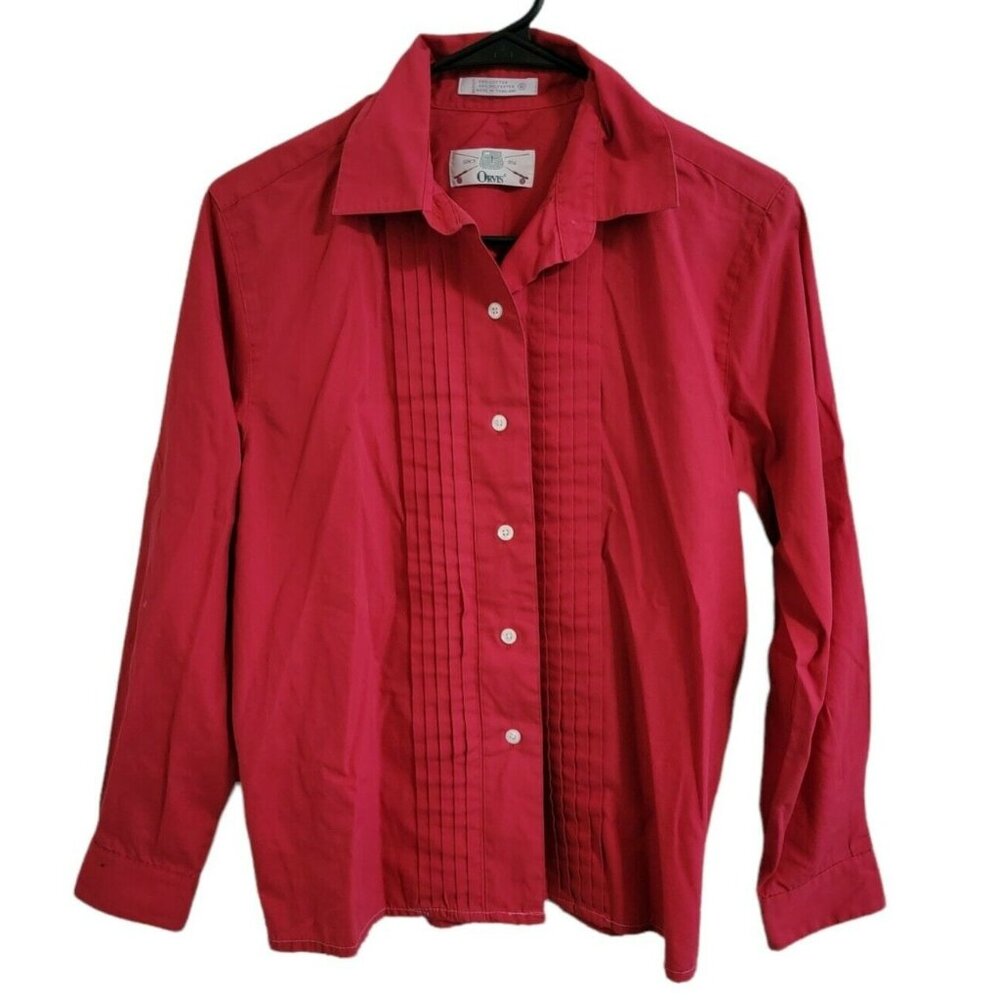 Orvis Button Up Shirt Womens Size 6 Red Long Sleeve Bib Pleated Tuxedo Front